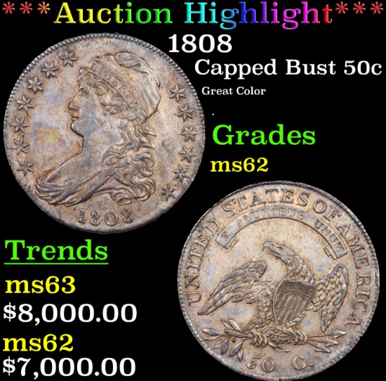 ***Auction Highlight*** 1808 Capped Bust Half Dollar 50c Graded ms62 BY SEGS (fc)