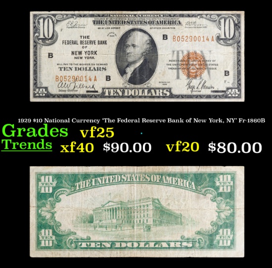 1929 $10 National Currency 'The Federal Reserve Bank of New York, NY' Fr-1860B Grades vf+