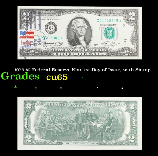 1976 $2 Federal Reserve Note 1st Day of Issue, with Stamp Grades Gem CU