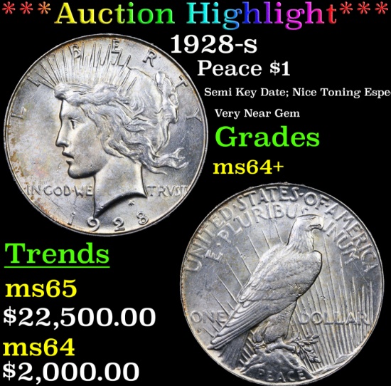 ***Auction Highlight*** 1928-s Peace Dollar $1 Graded ms64+ By SEGS (fc)