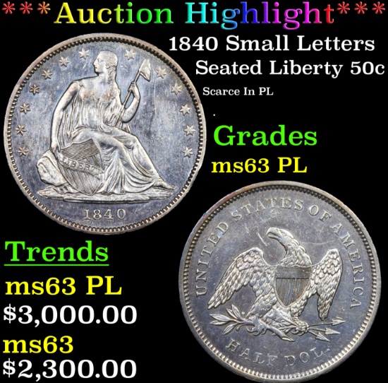 ***Auction Highlight*** 1840 Small Letters Seated Half Dollar 50c Graded Select Unc PL BY USCG (fc)