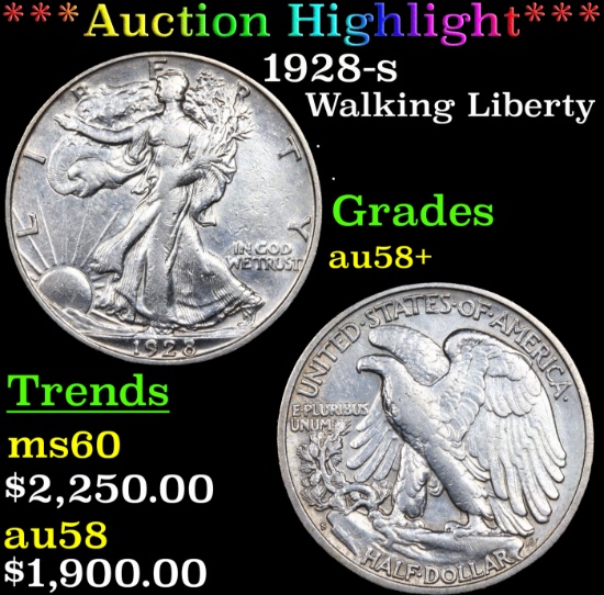 ***Auction Highlight*** 1928-s Walking Liberty Half Dollar 50c Graded Choice AU/BU Slider+ BY USCG (