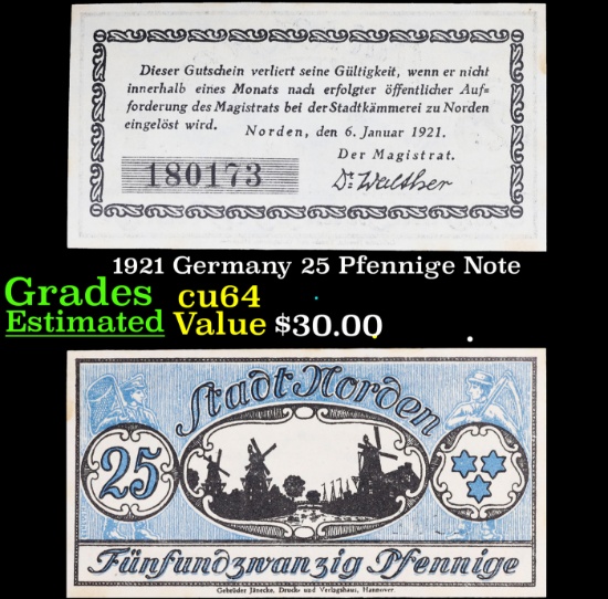 1921 Germany 25 Pfennige Note Grades Choice CU