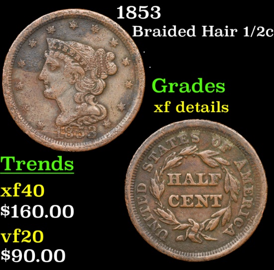 1853 Braided Hair Half Cent 1/2c Grades xf details