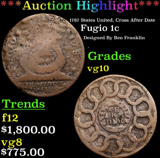 ***Auction Highlight*** 1787 States United, Cross After Date Fugio Cent 1c Graded vg10 By SEGS (fc)
