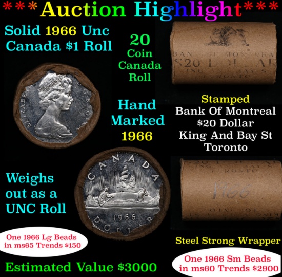 ***Auction Highlight*** Full Roll of Silver 1966 Canadian Dollar with Queen Elizabeth II, 20 Coins i