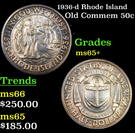 1936-d Rhode Island Old Commem Half Dollar 50c Grades GEM+ Unc