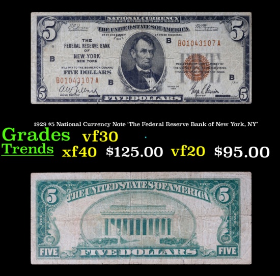 1929 $5 National Currency Note 'The Federal Reserve Bank of New York, NY' Grades vf++