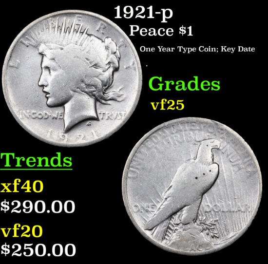 1921-p Peace Dollar $1 Grades vf+