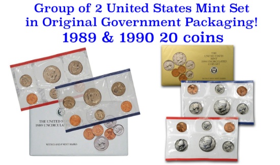 Group of 2 United States Mint Set in Original Government Packaging! From 1989-1990 with 20 Coins Ins