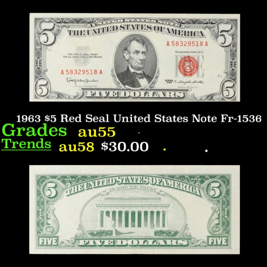 1963 $5 Red Seal United States Note Fr-1536 Grades Choice AU