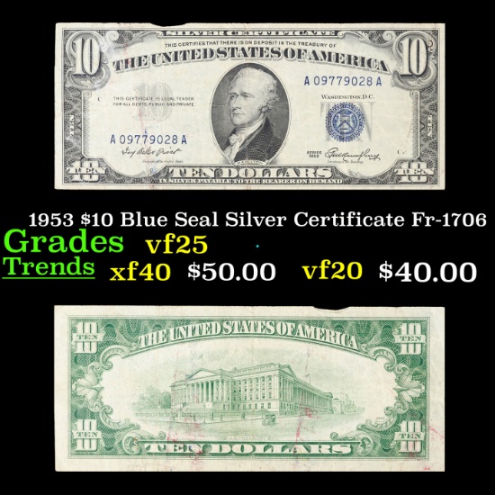 1953 $10 Blue Seal Silver Certificate Fr-1706 Grades vf+