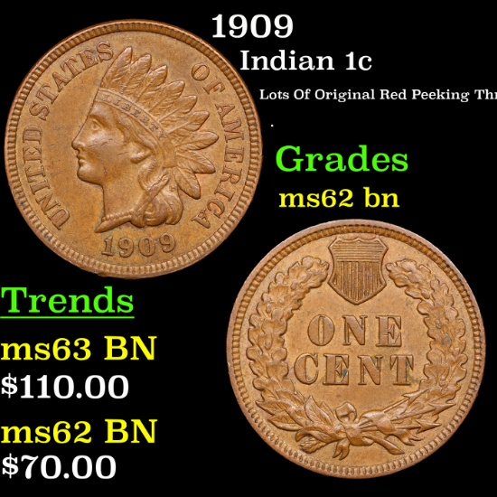 1909 Indian Cent 1c Grades Select Unc BN