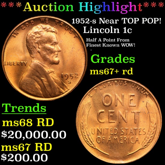 ***Auction Highlight*** 1952-s Lincoln Cent Near TOP POP! 1c Graded GEM++ RD BY USCG (fc)