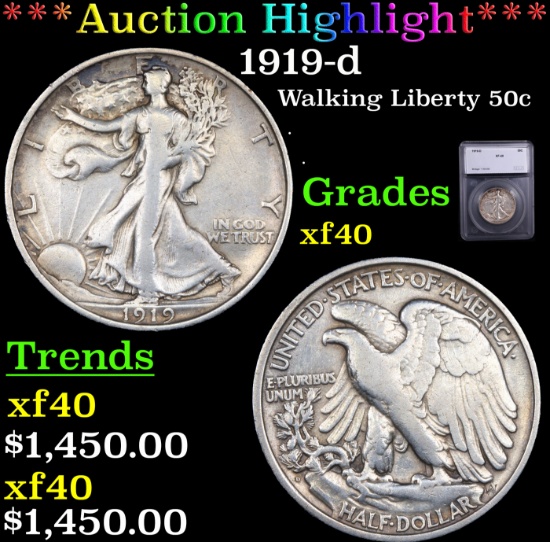 ***Auction Highlight*** 1919-d Walking Liberty Half Dollar 50c Graded xf40 By SEGS (fc)