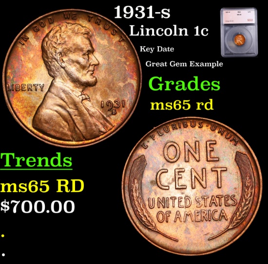 1931-s Lincoln Cent 1c Graded ms65 rd By SEGS