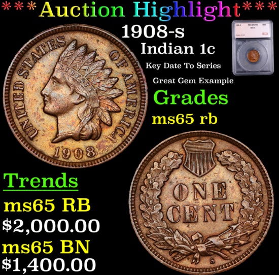 ***Auction Highlight*** 1908-s Indian Cent 1c Graded ms65 rb BY SEGS (fc)
