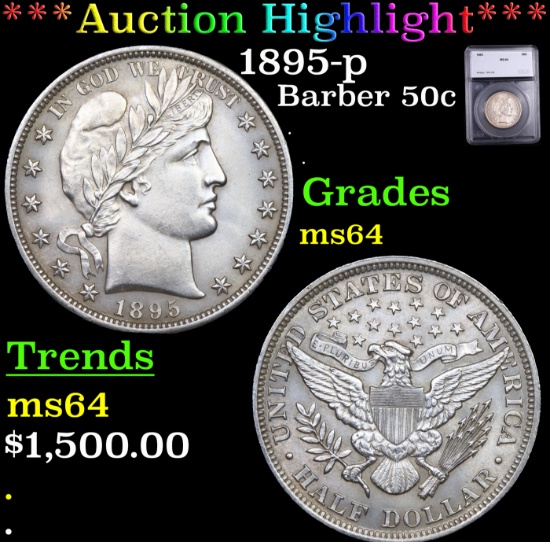 ***Auction Highlight*** 1895-p Barber Half Dollars 50c Graded ms64 BY SEGS (fc)