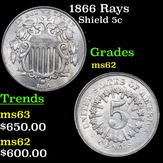 1866 Rays Shield Nickel 5c Grades Select Unc