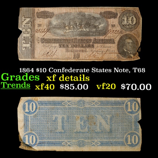 1864 $10 Confederate States Note, T68 Grades xf details