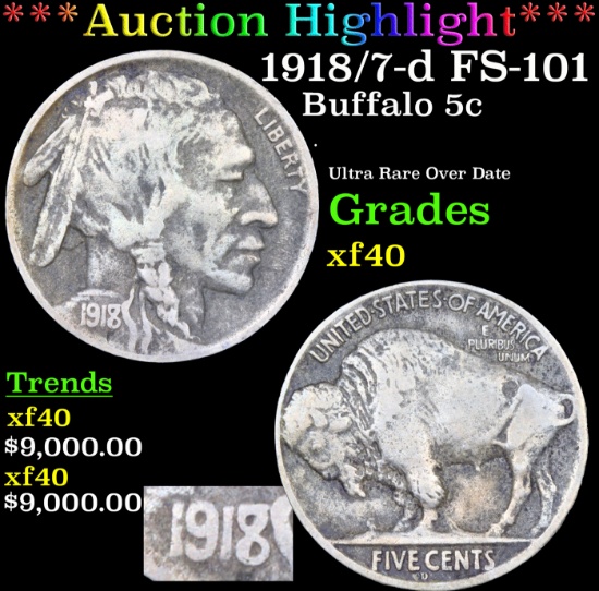 ***Auction Highlight*** 1918/7-d Buffalo Nickel FS-101 5c Graded xf40 By SEGS (fc)