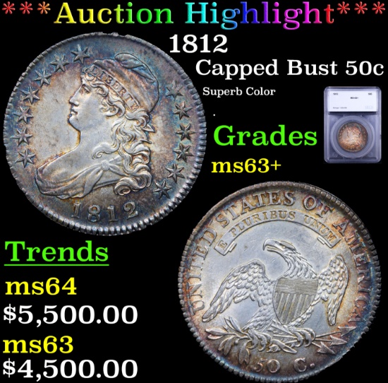 ***Auction Highlight*** 1812 Capped Bust Half Dollar 50c Graded ms63+ BY SEGS (fc)