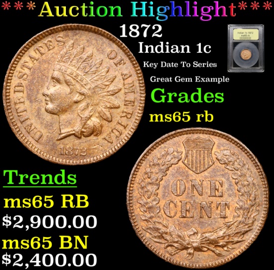 ***Auction Highlight*** 1872 Indian Cent 1c Graded GEM Unc RB BY USCG (fc)
