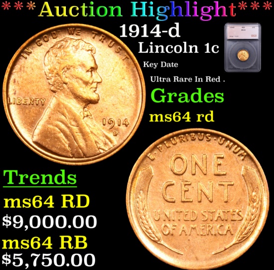 ***Auction Highlight*** 1914-d Lincoln Cent 1c Graded ms64 rd By SEGS (fc)