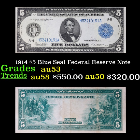1914 $5 Blue Seal Federal Reserve Note Grades Select AU