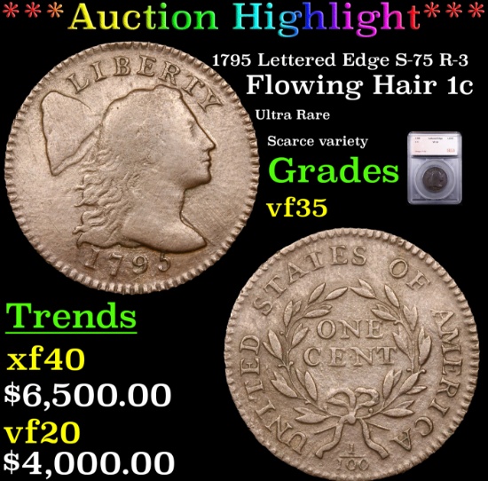 ***Auction Highlight*** 1795 Lettered Edge S-75 R-3 Flowing Hair large cent 1c Graded vf35 By SEGS (