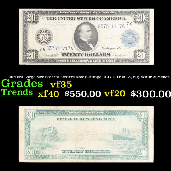 1914 $20 Large Size Federal Reserve Note (Chicago, IL) 7-G Fr-991A, Sig. White & Mellon Grades vf++