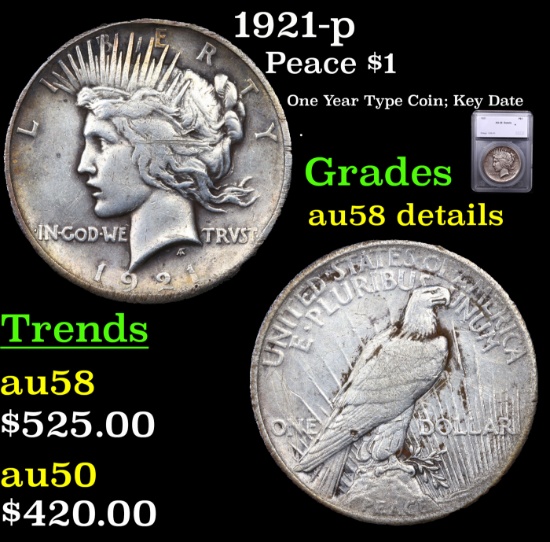 1921-p Peace Dollar $1 Graded au58 details BY SEGS