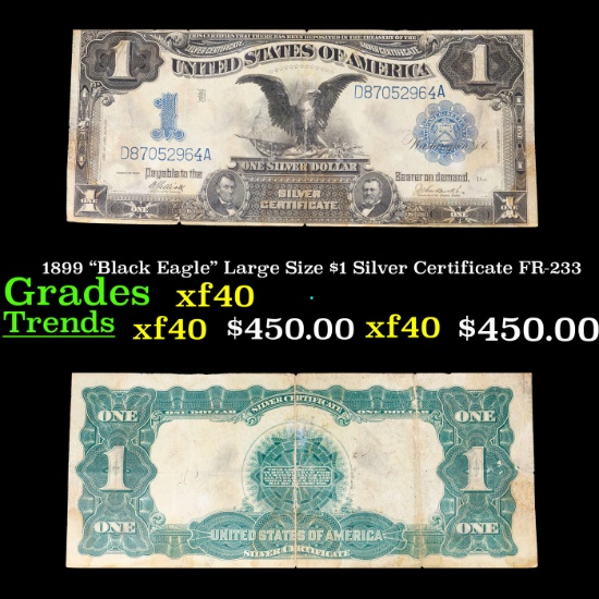1899 "Black Eagle" Large Size $1 Silver Certificate FR-233 Grades xf