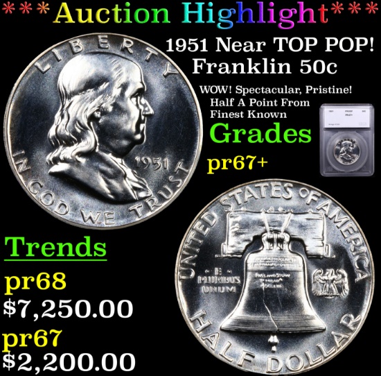 Proof ***Auction Highlight*** 1951 Franklin Half Dollar Near TOP POP! 50c Graded pr67+ By SEGS (fc)