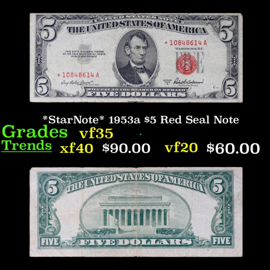 *StarNote* 1953a $5 Red Seal Note Grades vf++