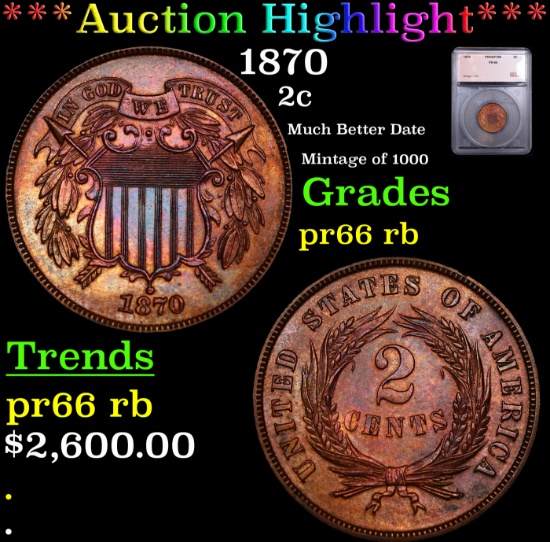 Proof ***Auction Highlight*** 1870 Two Cent Piece 2c Graded pr66 rb By SEGS (fc)