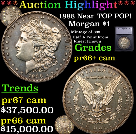 Proof ***Auction Highlight*** 1888 Morgan Dollar Near TOP POP! $1 Graded pr66+ cam By SEGS (fc)