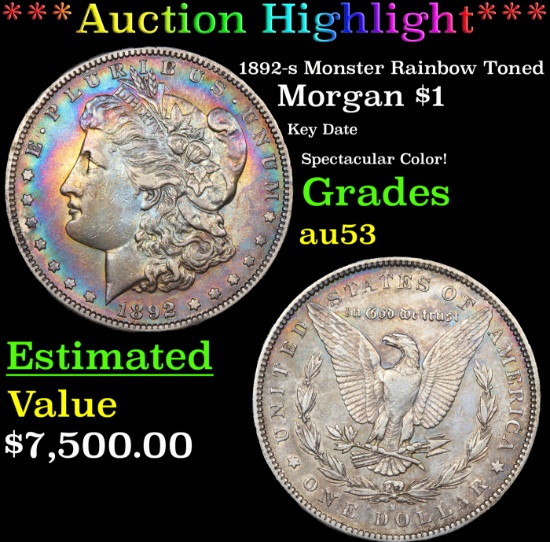 ***Auction Highlight*** 1892-s Morgan Dollar Monster Rainbow Toned $1 Graded au53 By SEGS (fc)