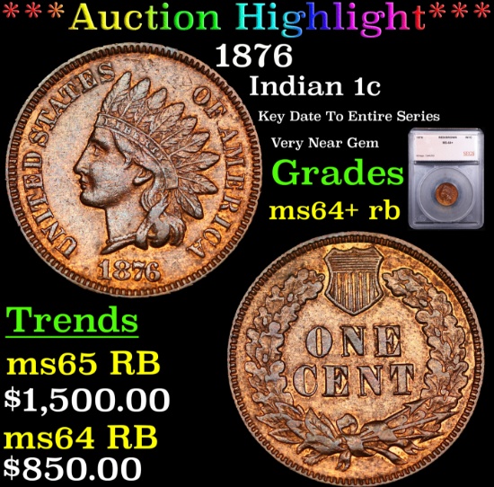 ***Auction Highlight*** 1876 Indian Cent 1c Graded ms64+ rb BY SEGS (fc)