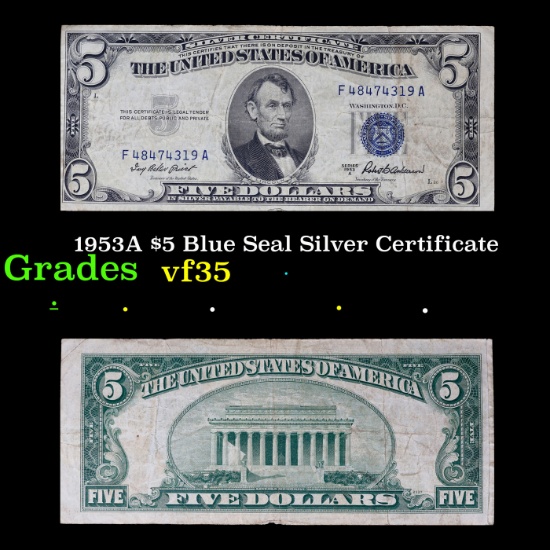 1953A $5 Blue Seal Silver Certificate Grades vf++