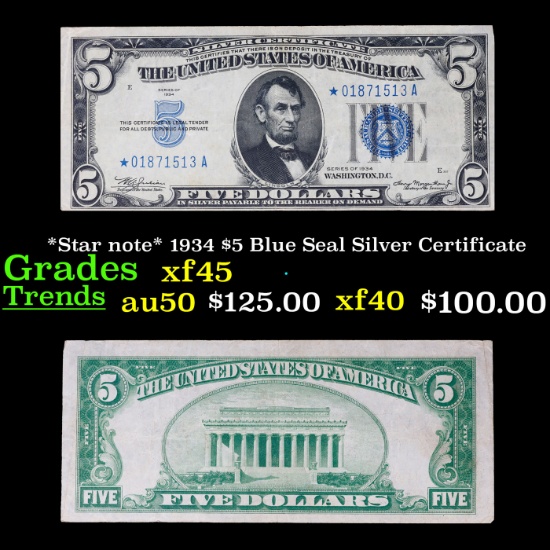 *Star note* 1934 $5 Blue Seal Silver Certificate Grades xf+