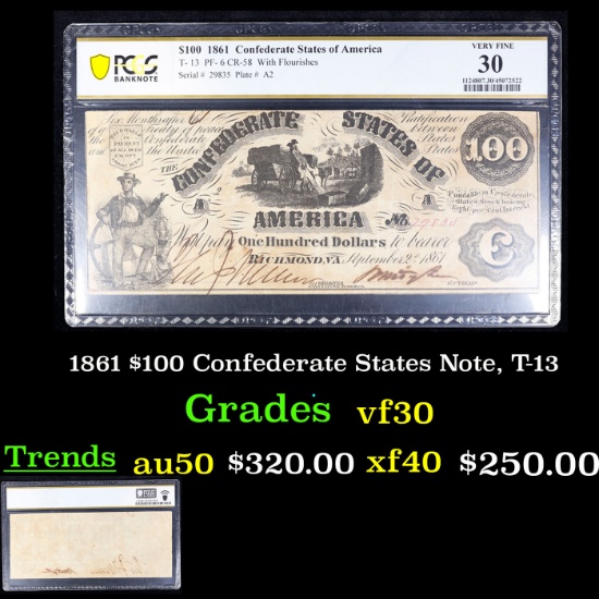 PCGS 1861 $100 Confederate States Note, T-13 Graded vf30 by PCGS