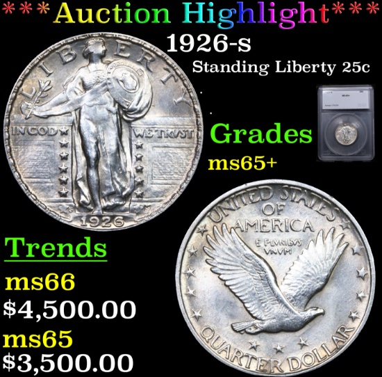 ***Auction Highlight*** 1926-s Standing Liberty Quarter 25c Graded ms65+ BY SEGS (fc)