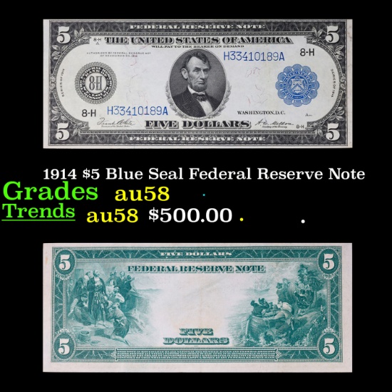 1914 $5 Blue Seal Federal Reserve Note Grades Choice AU/BU Slider