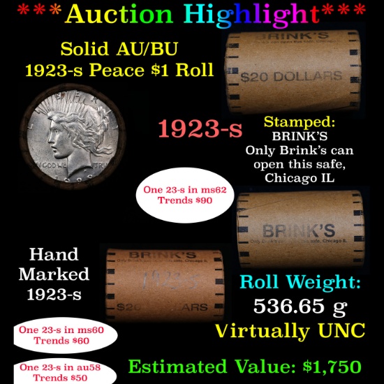***Auction Highlight*** Full solid date 1923-S Au/Bu Slider Peace silver dollar roll, 20 coins (fc)