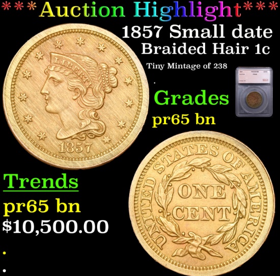 Proof ***Auction Highlight*** 1857 Small date Braided Hair Large Cent 1c Graded pr65 bn By SEGS (fc)