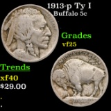 1913-p Ty I Buffalo Nickel 5c Grades vf+