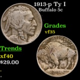 1913-p Ty I Buffalo Nickel 5c Grades vf++