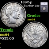 1892-p Barber Quarter 25c Graded ms64 By SEGS