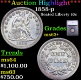 ***Auction Highlight*** 1858-p Seated Liberty Dime 10c Graded ms63+ By SEGS (fc)